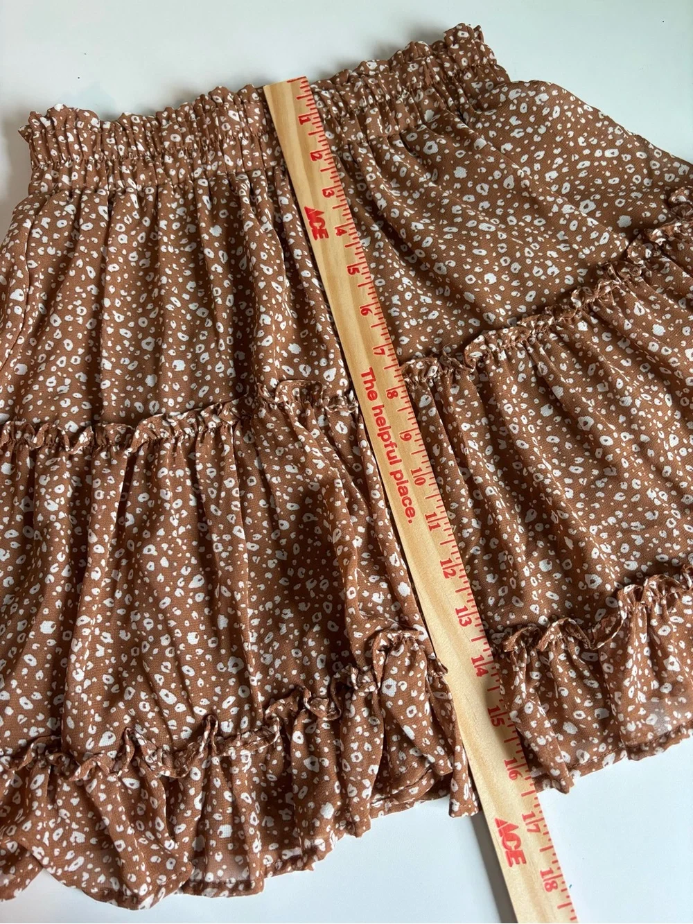 Newbury Kustom Boho Tiered Ruffle A-Line Short Skirt Brown & White Floral Small